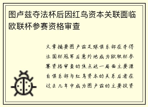 图卢兹夺法杯后因红鸟资本关联面临欧联杯参赛资格审查